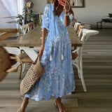 UAKISS  -  Boho Loosen V Neck Tassel Long Dress 2024 Spring Floral Print Pleated Party Maxi Dress Women Embroidery Lace Sleeve Summer Dress