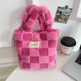 UAKISS  -  Women Fashion Checkered Furry Bucket Bag Winter Handbag Soft Plush Tote Bags