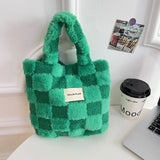 UAKISS  -  Women Fashion Checkered Furry Bucket Bag Winter Handbag Soft Plush Tote Bags