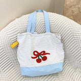 UAKISS  -  Embroidery Cherry Women's Shoulder Bag Retro Dot Female Drawstring Handbags Large Capacity Ladies Foldable Tote Shopping Bags