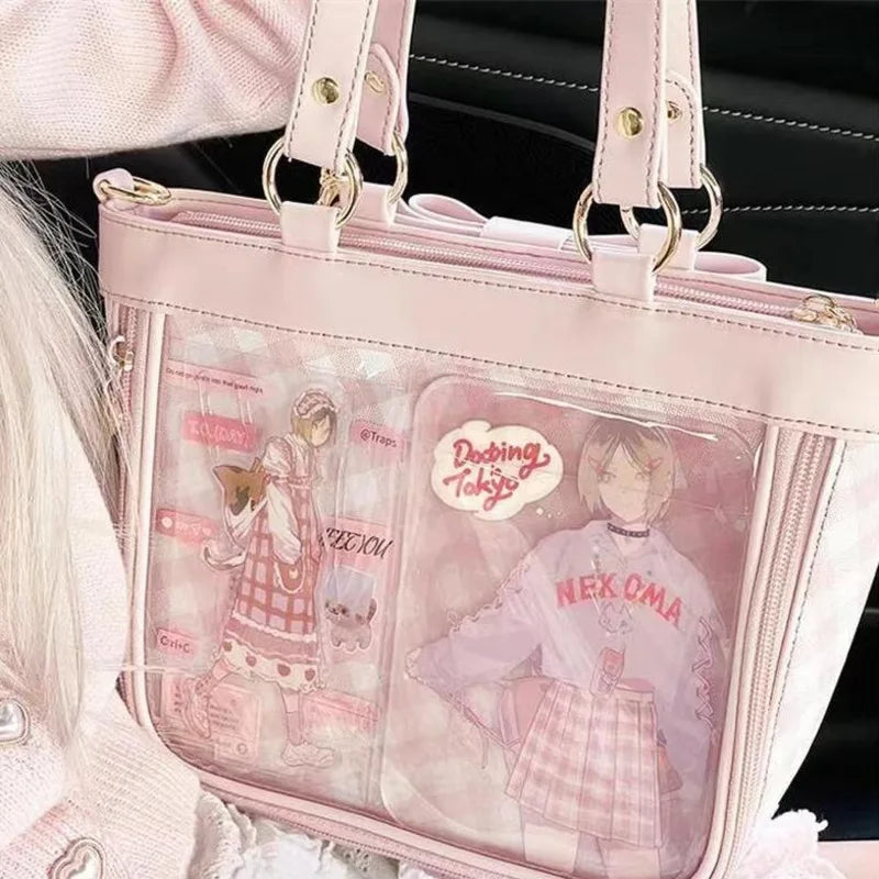 Uakiss Transparent Pockets Japanese Ita Handbags Plaid Print JK Shoulder Bag Bow Harajuku Kawaii Bag High-capacity Lolita Girl Tote Bag