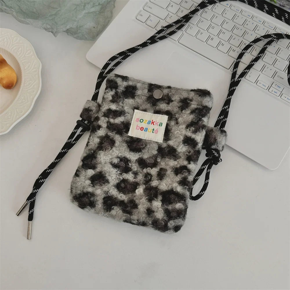 UAKISS  -  1 Pc Furry Leopard Print Shoulder Bag for Girl Autumn Winter Plush Outdoor Messenger Bag Lipstick Earphone Cosmetic Storage Bag