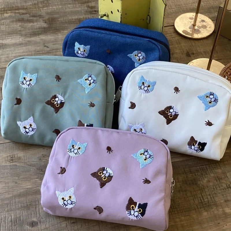 Uakiss Cute Cat Embroidered Small Cosmetic Bags Large Capacity Casual Makeup Bags Travel Lipstick Organizer Cases Storage Bag For Women