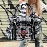 UAKISS  -  Plaid Y2k Womens Shoulder Bag Canvas Punk Chains Fashion Tote Bag Aesthetic Harajuku Style Casual Commuter Female Handbag