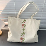 UAKISS  -  Retro Embroidery Flower Canvas Shoulder Bag for Women Large Capacity Cotton Travel Bags Eco Reusable Female Commute Tote Handbag