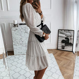 UAKISS  -  Chiffon Dress Vintage Simple Sweet O-neck White Polka Dot Party Women Long Sleeve Casual Daily Dresses Bohemian Boho Vestidos