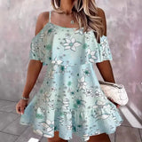 UAKISS  -  Women's Casual Loose Bohemian Mini Dresses Summer New Halter Pleated Dresses Elegant Floral Printed Off Shoulder Short Dresses