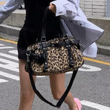 Uakiss Leopard Printed Y2k Vintage Handbags Belt Decor Gothic Shoulder Bags Large Capacity Harajuku Crossbody Bags Black Bags For Women