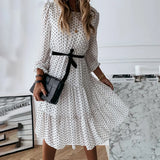 UAKISS  -  Chiffon Dress Vintage Simple Sweet O-neck White Polka Dot Party Women Long Sleeve Casual Daily Dresses Bohemian Boho Vestidos