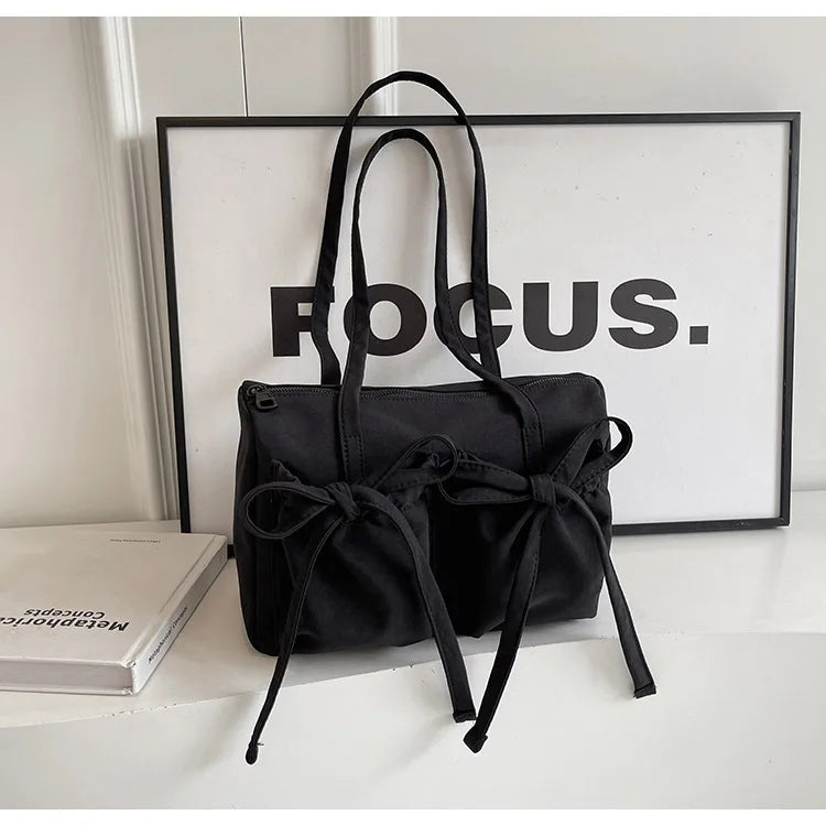 Uakiss New Bow Tote Bag High End High Capacity Shoulder Bag Women's Simple Solid Color Commuting Underarm Bag