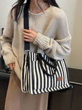 UAKISS  -  Versatile Vertical Stripes Shoulder Bag For Women Large Capacity Casual Multi-Pocket Canvas Tote Bag Women's Shoulder Bag