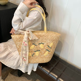 UAKISS  -  Summer Big Straw Bags for Women Handmade Beach Bags 2024 Korean Fashion Ribbon Woven Handbags Travel Shopper Shoulder Bags