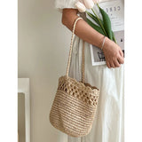 UAKISS  -  Women Straw Weaving Bucket Bag Summer Vintage Woven Crossbody Bag  High Quality Beach Tote Bag Hand-Woven Flap Small Handbag