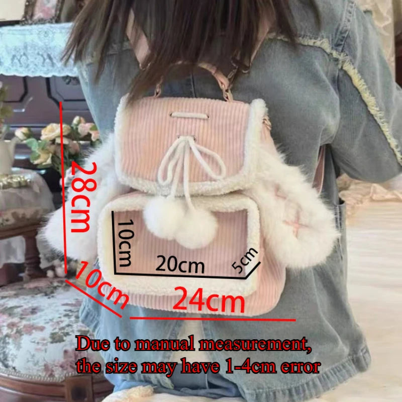 Uakiss Pink Small Backpacks for Women Rabbit Ears Cute Corduroy Lolita Jk Ita Bag Transparent Plush Kawaii Female Aesthetic Bags