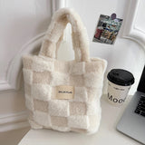 UAKISS  -  Women Fashion Checkered Furry Bucket Bag Winter Handbag Soft Plush Tote Bags