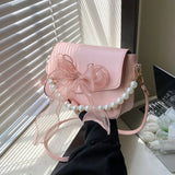 UAKISS  -  Sweet Bow Bag Women Harajuku Pearl Chic Handle Leather White Messenger Bags Ladies Japanese Cute Handbag Aesthetic