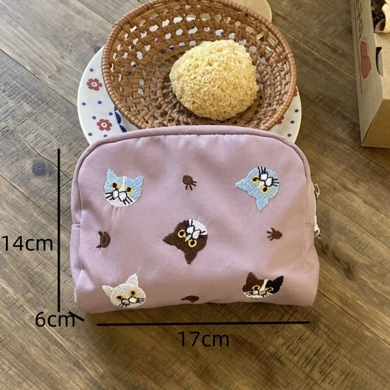 Uakiss Cute Cat Embroidered Small Cosmetic Bags Large Capacity Casual Makeup Bags Travel Lipstick Organizer Cases Storage Bag For Women