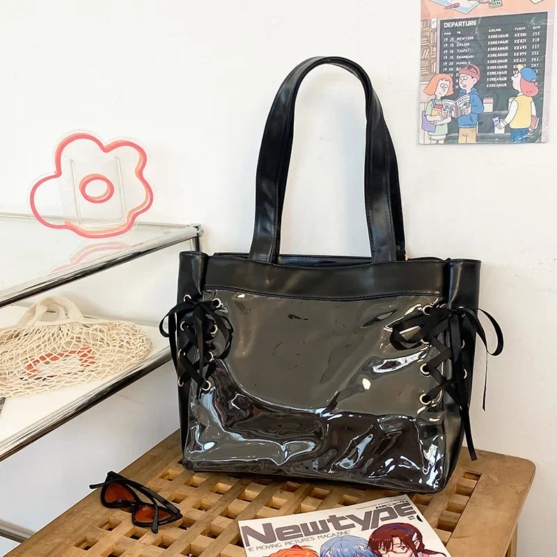 Uakiss JK Uniform Tote Bags Women Harajuku Transparent Detachable Shoulder Bag Subculture Sweet Girls Ribbon DIY Ita Bolso Mujer