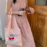 UAKISS  -  Pink Satin Tote Bags Chelsea Bow Embroidery Commuter Shoulder Bags Casual Peplum Vest Bag