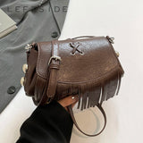 UAKISS  -  Retro Small PU Leather Flap Shoulder Bag for Women 2024 Trend New Y2K Tassels Design Handbags Females Crossbody Bags