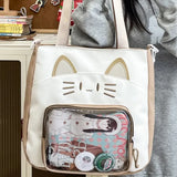 Uakiss Cute Shoulder Bag for Women Cat Kawaii Large Capacity Casual Ita Bag Embroidery College Style Lolta Transparent Handbag