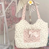 UAKISS  -  Korean Fairy Flower Print Women's Handbags Sweet Y2k Aesthetic Fashion Chic Underarm Bag Contrast Color Kawaii Bow Shoulder Bags