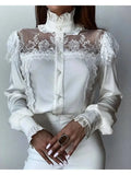 UAKISS  -  Spring Women Solid Lace Decoration Fungus Hem Mesh Button Long Lantern Sleeves Stand Collar Sweet White Blouses Lady Tops