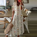 UAKISS  -  Boho Loosen V Neck Tassel Long Dress 2024 Spring Floral Print Pleated Party Maxi Dress Women Embroidery Lace Sleeve Summer Dress