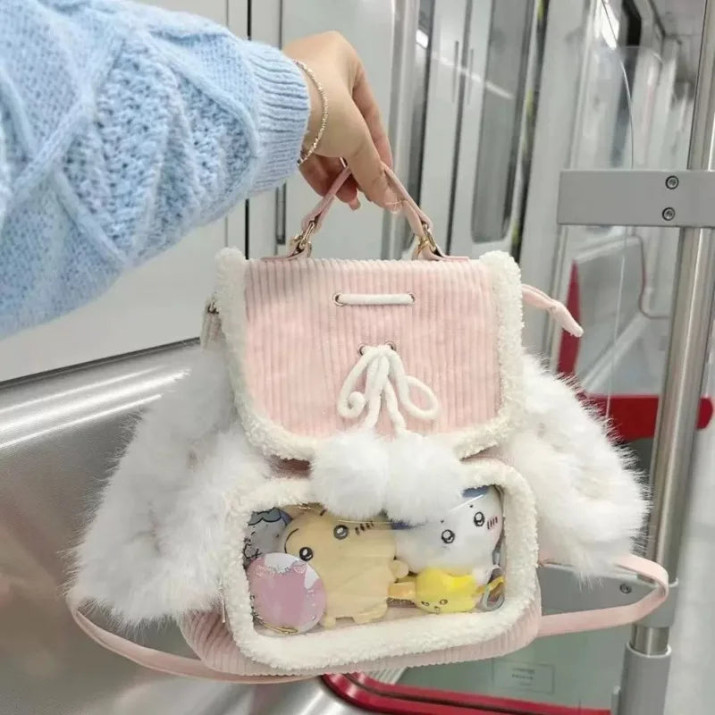 Uakiss Corduroy Kawaii Pink Pain Backpacks Rabbit Ears Spliced Japanese Ita Bag Transparent Pocket Lolita Plush Backpack Y2k Girls Bags