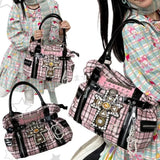 UAKISS  -  Y2k Womens Tote Bag Aesthetic Plaid Fashion Punk Large Capacity Shoulder Bag Rivets Literary Original Harajuku New Handbag