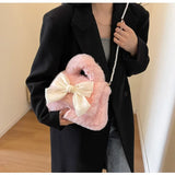 UAKISS  -  Girls Sweet Kawaii Cute Bow Fluffy Shoulder Bag Y2k Aesthetic Chic All Match Crossbody Bags Casual Fashion Ins Women's Handbags