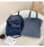 UAKISS  -  Cute Cherry Embroidery Women's Shoulder Bag Soft Denim Female Commute Shopping Bags Large Capacity Ladies Retro Tote Handbag