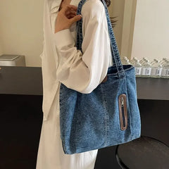 UAKISS  -  Large Capacity Denim Single Shoulder Bag 2024 New Fashion Versatile Tote Retro Commuting Casual Bags