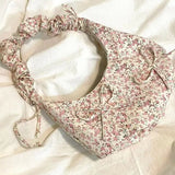 UAKISS  -   Floral Womens Shoulder Bag Elegant Cute Literary Sweet Fashion Handbag Pleated Bow Exquisite All-match Canvas Armpit Bag