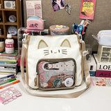 Uakiss Cute Shoulder Bag for Women Cat Kawaii Large Capacity Casual Ita Bag Embroidery College Style Lolta Transparent Handbag