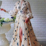 UAKISS  -  French Elegant O-neck Hollow Long Dress Women Spring Shiny Starfish Print Spring Party Dress Fall Lantern Sleeve Hem Maxi Dress