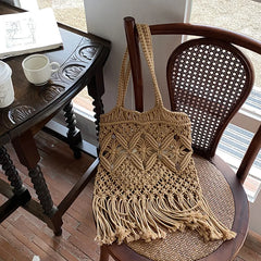 UAKISS  -  Casual Tassel Straw Shoulder Bag Female Handmade Woven Crossbody Bag Bohemian Kintted Lady Handbag Beach Bag Flap Bag sac