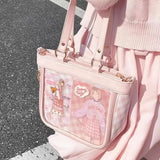 Uakiss Transparent Pockets Japanese Ita Handbags Plaid Print JK Shoulder Bag Bow Harajuku Kawaii Bag High-capacity Lolita Girl Tote Bag