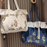 UAKISS  -   Spring Summer New Japanese Tote Bags Retro Lace Splicing Embroidered One Shoulder Denim Handbag