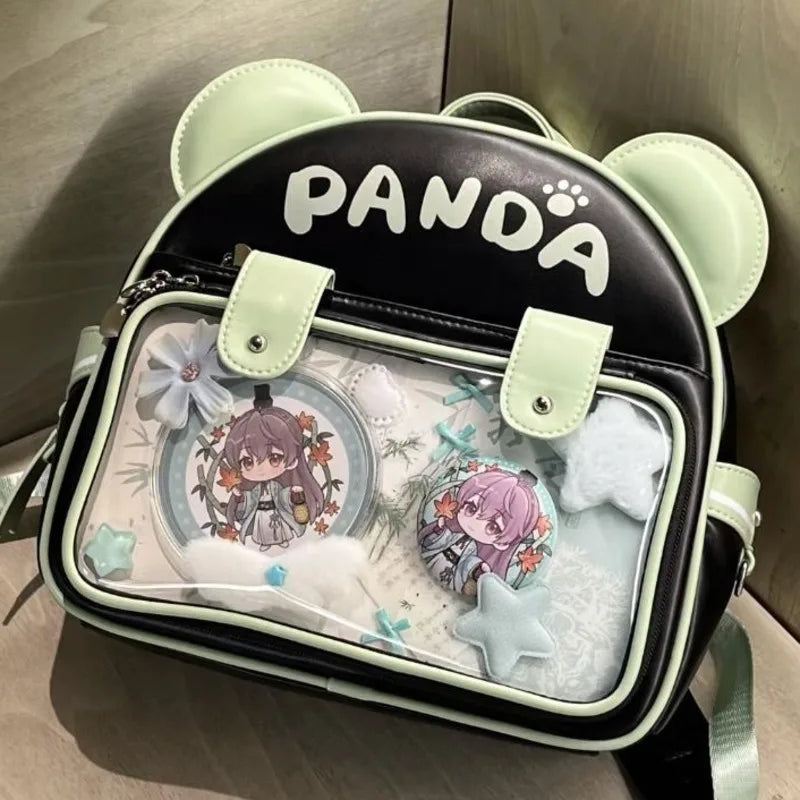 Uakiss Cute Panda Y2k Lolita Backpacks Girls Transparent Pocket Harajuku Pain Bags PU JK Preppy Style Backpack Kawaii Ita Bag For Women