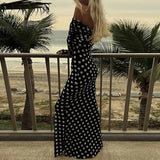 UAKISS  -  2024 Spring Polka Dot Print Slim Bodycon Long Dress Women Sexy Slash Neck Draped Party Dress Summer Off Shoulder Boho Maxi Dress