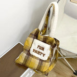 UAKISS  -  Plaid Lamb Wool Shoulder Bag Letter Embroidery Autumn Winter Handbag Large Capacity Tote Bags Student Double Sided Use