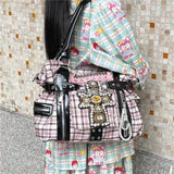 UAKISS  -  Y2k Womens Tote Bag Aesthetic Plaid Fashion Punk Large Capacity Shoulder Bag Rivets Literary Original Harajuku New Handbag