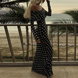 UAKISS  -  2024 Spring Polka Dot Print Slim Bodycon Long Dress Women Sexy Slash Neck Draped Party Dress Summer Off Shoulder Boho Maxi Dress