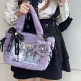 UAKISS  -  Plush Bow Purple Handbag Purse Women Sweet Japanese Transparent Ita Bag Girls Kawaii Shoulder Crossbody Bag Aesthetic