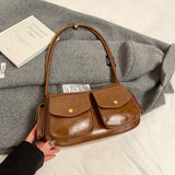 UAKISS  -  Small PU Leather Double Pockets Underarm Bags for Women 2024 Y2K Ladies Shoulder Bag Females Tote Bag Retro Handbags