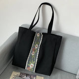 UAKISS  -  Retro Embroidery Flower Canvas Shoulder Bag for Women Large Capacity Cotton Travel Bags Eco Reusable Female Commute Tote Handbag