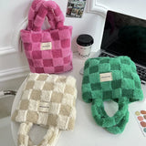 UAKISS  -  Women Fashion Checkered Furry Bucket Bag Winter Handbag Soft Plush Tote Bags