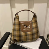 UAKISS  -  Cute Shoulder Bag for Women Cat Cartoon College Style Fashion Plaid Backpack Elegant Kawaii Embroidery New Female Tote Bag