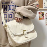 UAKISS  -  2024 New Women Patchwork Fluffy Shoulder Bag Korean Vintage Simple Casual Handbags Winter Preppy Ins Solid Crossbody Bags Trendy